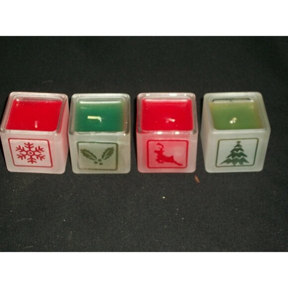 Home for the Holidays Christmas Votive Candles & Tray Set of 4 Red Green Frosted - Picture 2 of 7